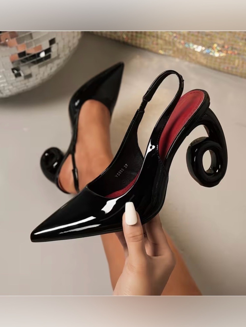 Black Patent Sculptural Spiral Heel Slingback Pumps Size 8 - Picture 6 of 12